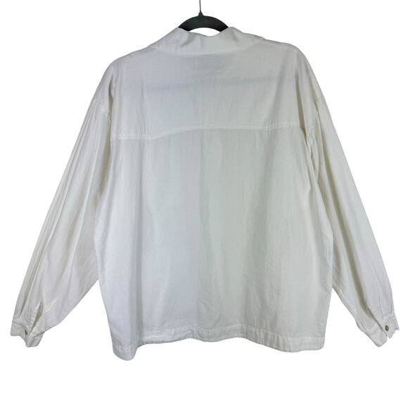 e.c.c White 100% Natural Cotton Embroidered Pleated Collared Button Up Shirt L - Picture 2 of 7